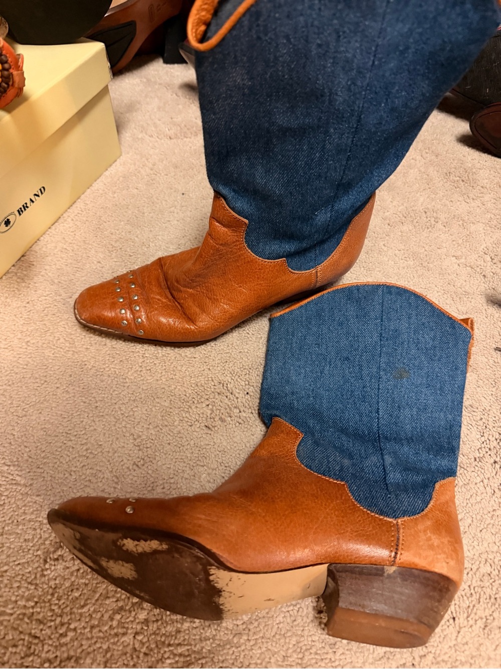 Women’s Two-Tone Brown Leather & Blue Denim Western Boots - Picture 3 of 3